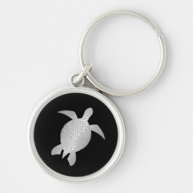 Silver Sea Turtle Black Background Keychain (Front)