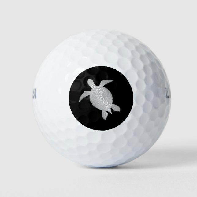 Silver Sea Turtle Black Coastal Beach Golf Balls (Front)