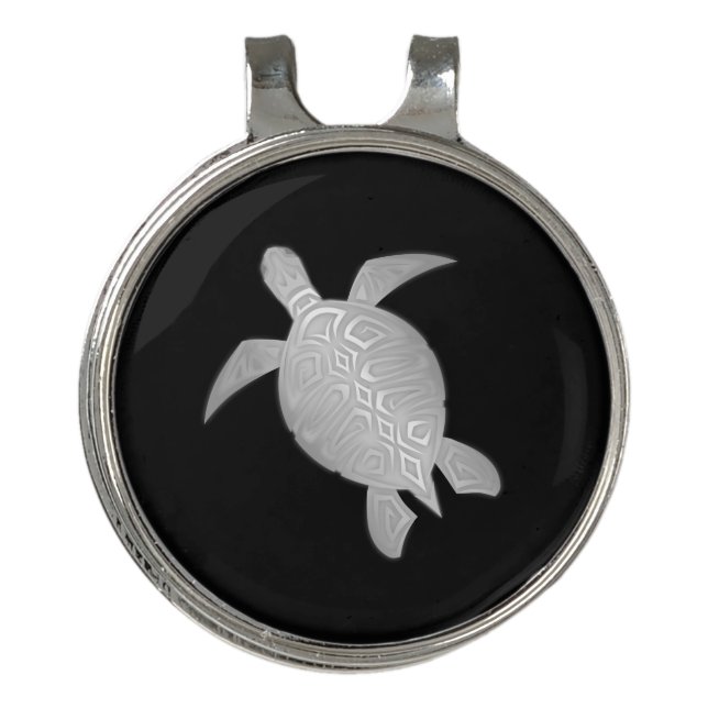 Silver Sea Turtle Black Golf Hat Clip (Front)