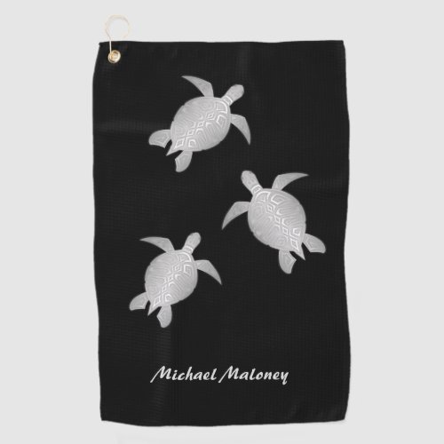 Silver Sea Turtle Black Monogram Coastal Golf Towel