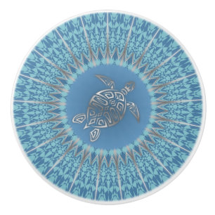 Silver Sea Turtle Mandala Turquoise Geometric Ceramic Knob