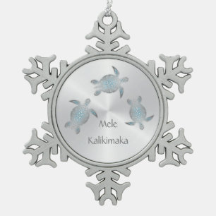 Silver Sea Turtle   Mele Kalikimaka   Hawaiian Snowflake Pewter Christmas Ornament