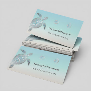 Silver Sea Turtle Turquoise Coastal Business Card by NinaBaydur at Zazzle