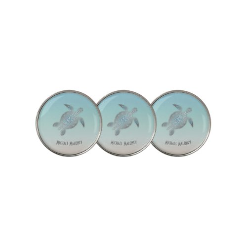 Silver Sea Turtle Turquoise Coastal Monogram Golf Ball Marker
