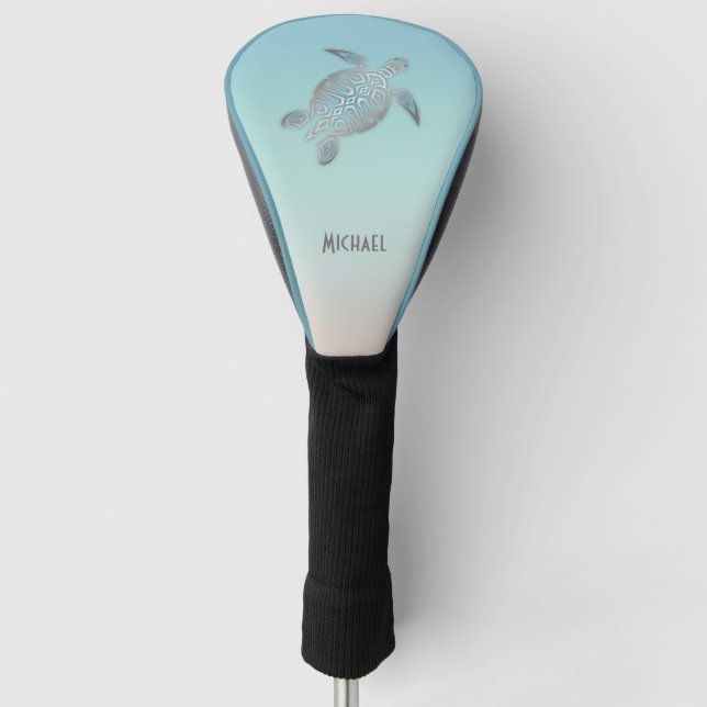 Silver Sea Turtle  Turquoise | Coastal Monogram Golf Head Cover (Front)