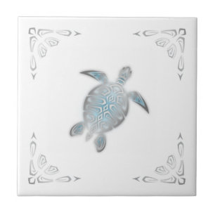Silver Sea Turtle White Coastal  Ceramic Tile