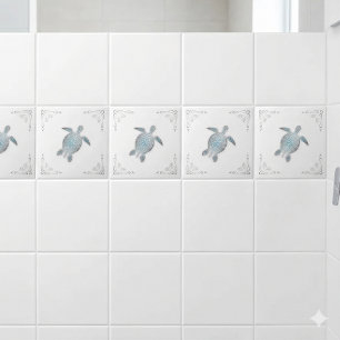 Silver Sea Turtle White Coastal  Ceramic Tile