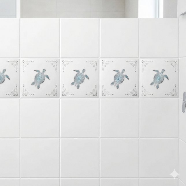 Silver Sea Turtle White Coastal  Ceramic Tile (Creator Uploaded)