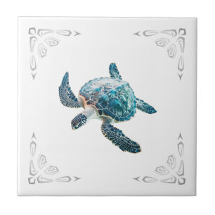 Silver Sea Turtle White Coastal Ceramic Tile