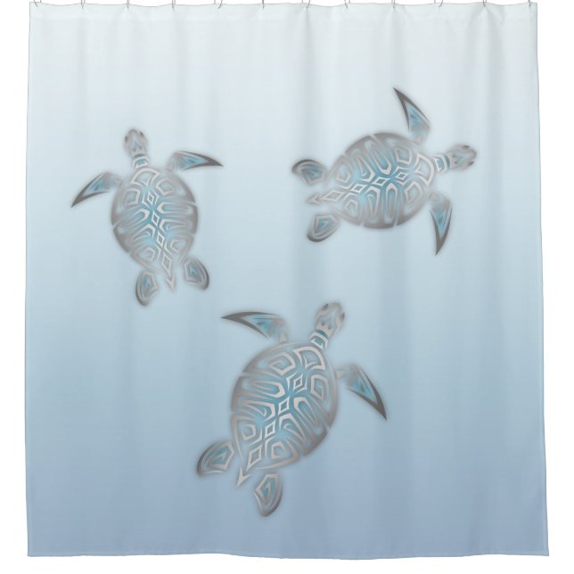 Silver Sea Turtles Blue Coastal Maritime Shower Curtain (Front)