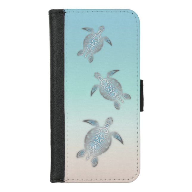 Silver Sea Turtles Blue Gradient Animal iPhone Wallet Case (Front)