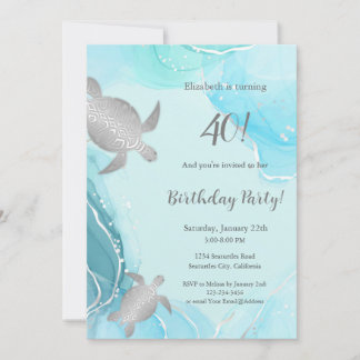 Silver Sea Turtles | Blue Ink | Birthday Invitation