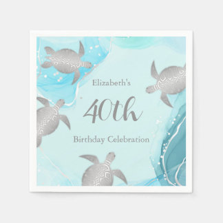 Silver Sea Turtles Blue Ink | Custom Birthday Napkins