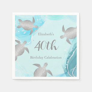 Silver Sea Turtles Blue Ink Custom Birthday Napkins
