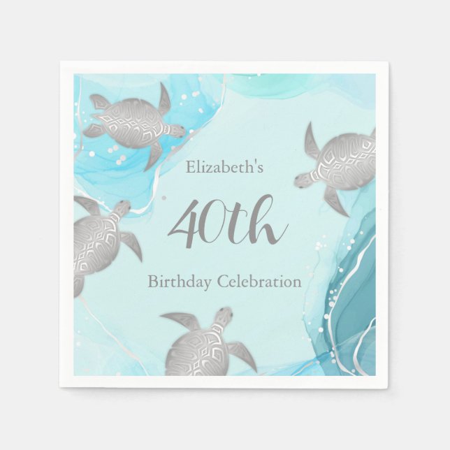 Silver Sea Turtles Blue Ink  | Custom Birthday Napkins (Front)