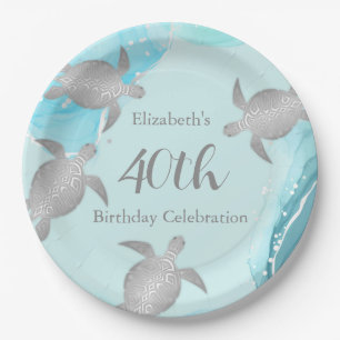 Silver Sea Turtles Blue Ink    Custom Birthday Pap Paper Plates