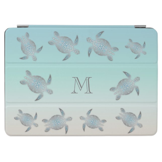 Silver Sea Turtles Maritime Turquoise Monogram iPad Air Cover (Horizontal)
