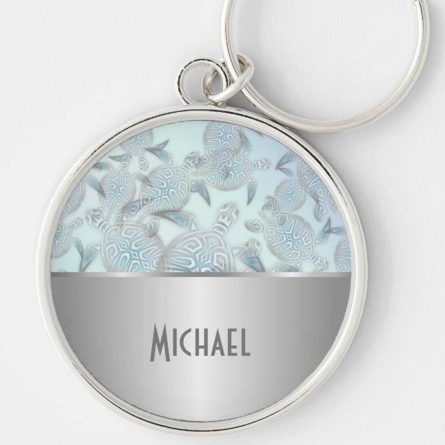 Silver Sea Turtles Pattern Monogram Keychain (Front)