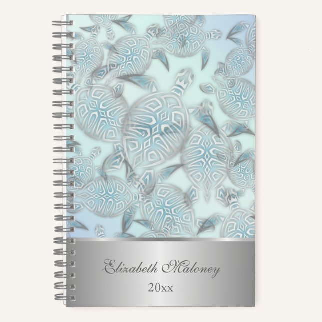 Silver Sea Turtles Pattern Your Name Year  Notebook (Front)