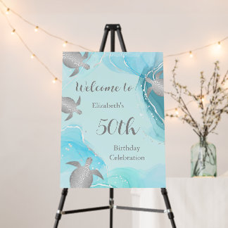 Silver Sea Turtles Teal Ink  Birthday Foam Board