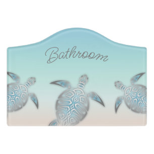 Silver Sea Turtles Turquoise Bathroom Door Sign