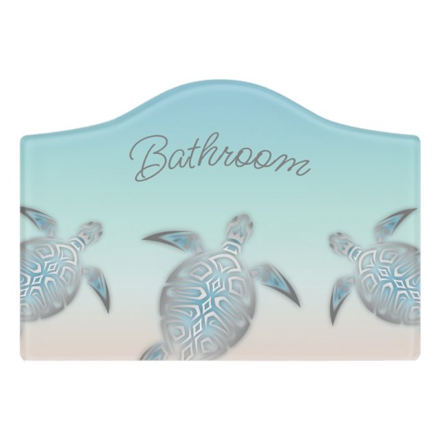 Silver Sea Turtles Turquoise Bathroom Door Sign (Small Crest Front)