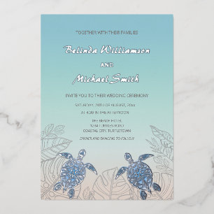 Silver Sea Turtles Turquoise Beach Wedding Foil Invitation
