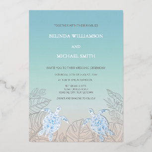 Silver Sea Turtles Turquoise   Beach Wedding Foil Invitation