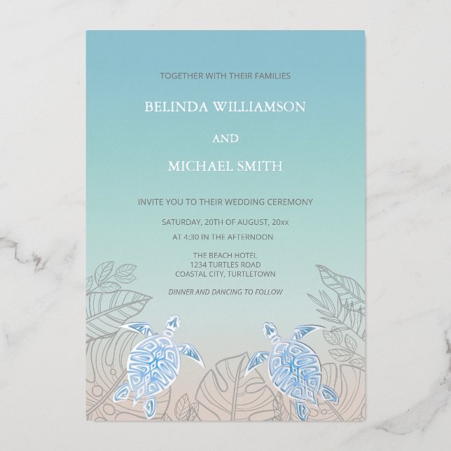Silver Sea Turtles Turquoise | Beach Wedding Foil Invitation (Front)