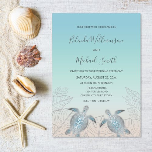 Silver Sea Turtles Turquoise  Beach Wedding Invitation
