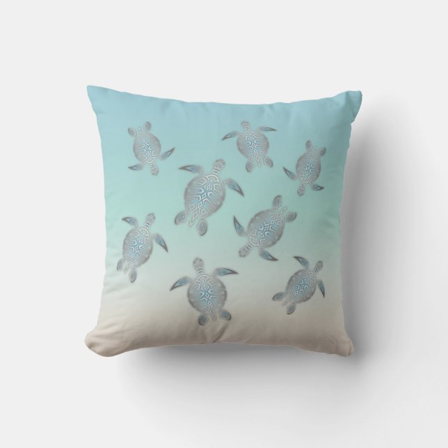 Silver Sea Turtles Turquoise Beachstyle Maritime Throw Pillow (Front)
