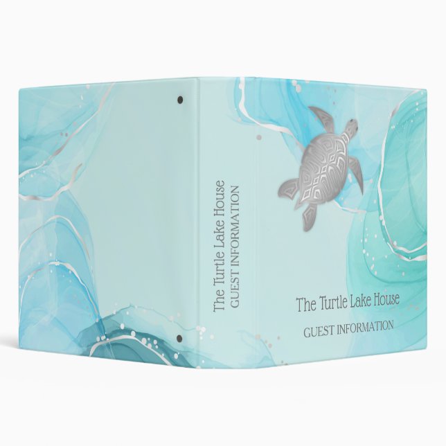 Silver Sea Turtles Turquoise Coastal Custom 3 Ring Binder (Background)