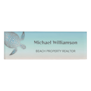 Silver Sea Turtles Turquoise Coastal Name Tag