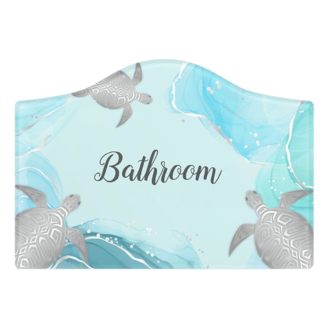 Silver Sea Turtles Turquoise Ink Bathroom Door Sign (Small Crest Front)