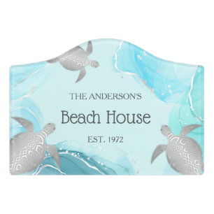 Silver Sea Turtles Turquoise Ink Custom Coastal Door Sign