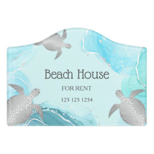 Silver Sea Turtles Turquoise Ink Custom Coastal Door Sign