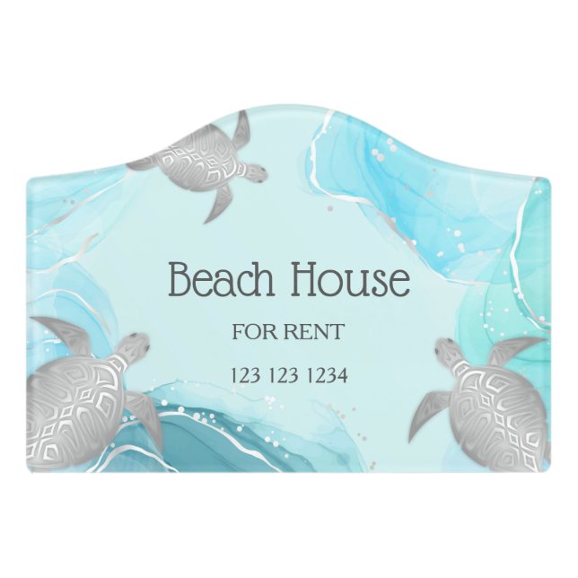 Silver Sea Turtles Turquoise Ink Custom Coastal Door Sign (Small Crest Front)