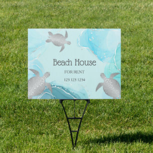 Silver Sea Turtles Turquoise Ink Custom Coastal Sign