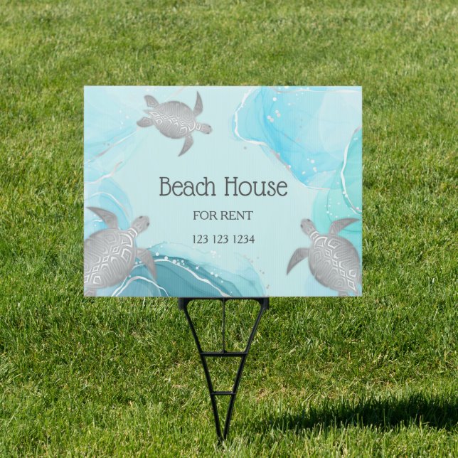 Silver Sea Turtles Turquoise Ink Custom Coastal Sign (Insitu)