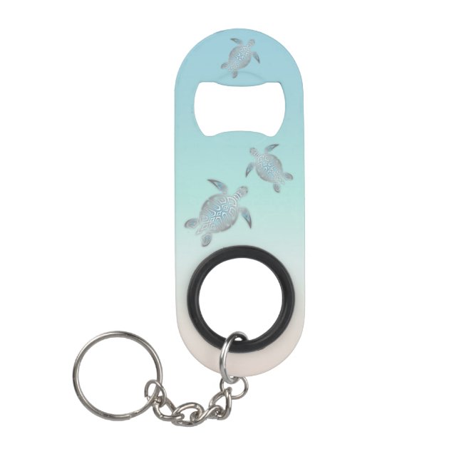 Silver Sea Turtles Turquoise Maritime Coastal Keychain Bottle Opener (Front)