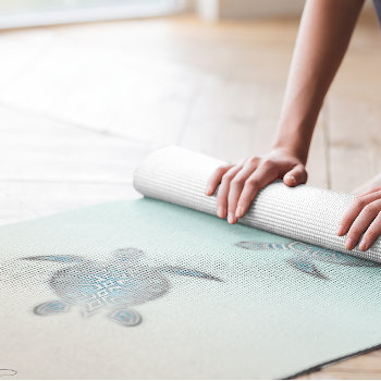 Silver Sea Turtles Turquoise Your Name Beach Yoga Mat by NinaBaydur at Zazzle