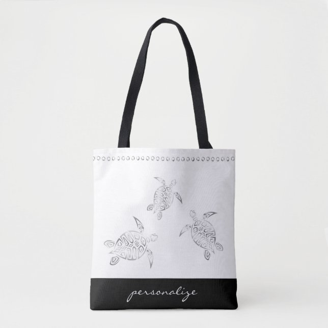 Silver Sea Turtles White Decorative Stripe Tote Bag (Front)
