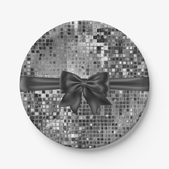 Silver Sequin and Black Bow Party Plates (Front)