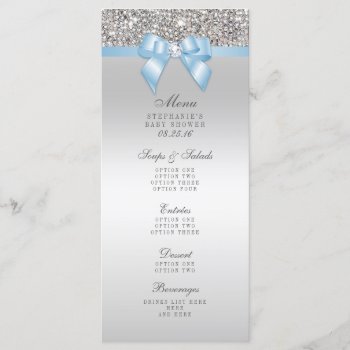 Silver Sequin Baby Blue Bow Baby Shower Menu by GroovyGraphics at Zazzle