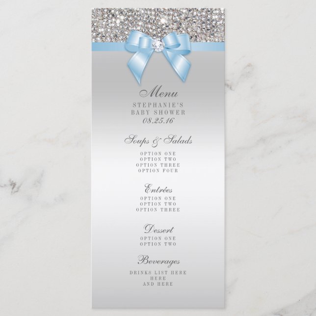 Silver Sequin Baby Blue Bow Baby Shower Menu (Front)