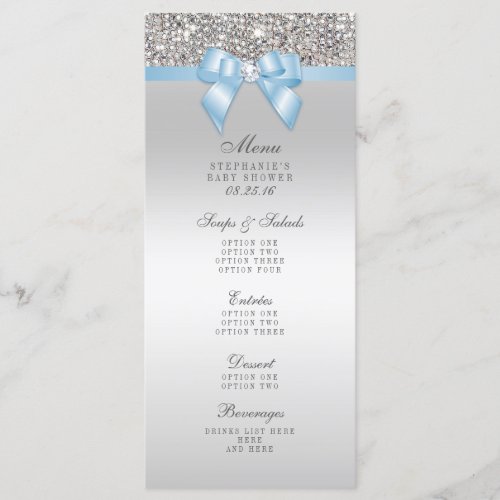 Silver Sequin Baby Blue Bow Baby Shower Menu