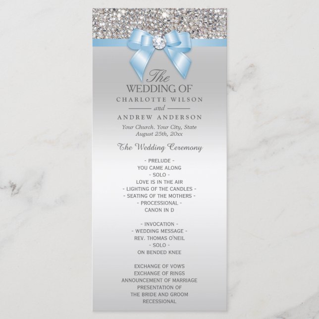 Silver Sequin Baby Blue Bow Wedding Program (Front)