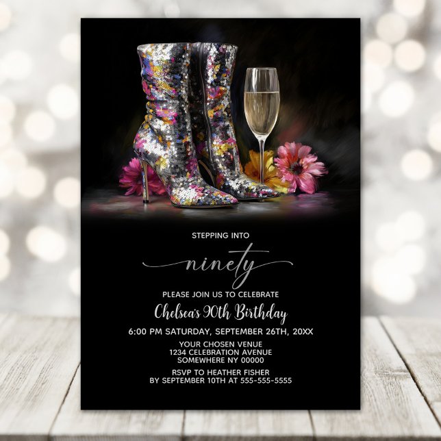 Silver Sequin Boots 90th Birthday Party Invitation (Creator Uploaded)