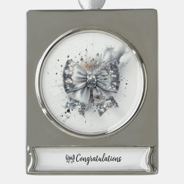 Silver Sequin Bow Radiant Congratulations Plated Banner Ornament (Front)