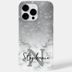 Silver Sequin Diamonds Marble Ombre Monogram Case-Mate iPhone 14 Pro Max Case